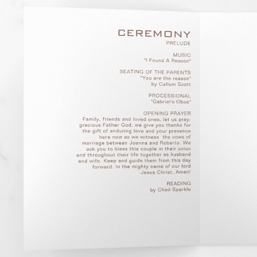 Brawn Formal Rose Floral Trifold Wedding Programm (Innen Erste Seite)