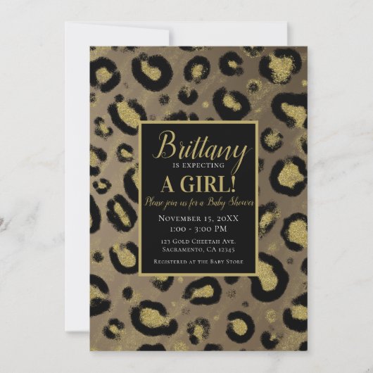 Brawn Gold Glitzer & Black Leopard Baby Dusche Einladung (Vorderseite)
