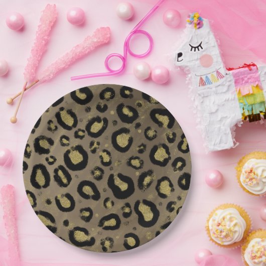 Brawn Gold Glitzer & Black Leopard Baby Dusche Pappteller (Party)