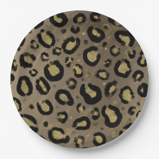 Brawn Gold Glitzer & Black Leopard Baby Dusche Pappteller (Vorderseite)