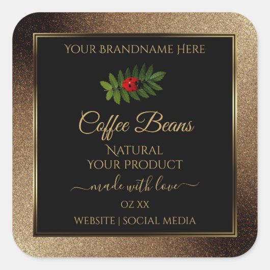 Brawn Gold Glitzer Black Product Labels Ladybug Quadratischer Aufkleber (Vorderseite)