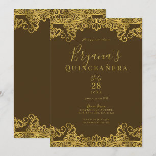 Brawn & Gold Lace Elegantes Quinceñera Party Einladung