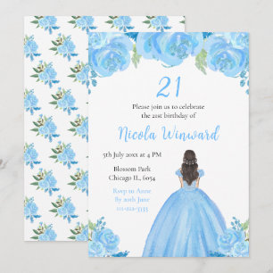 Brawn Hair Princess Blue Floral Geburtstagsparty Einladung