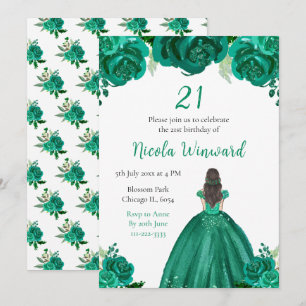 Brawn Hair Princess Green Floral Geburtstagspartei Einladung