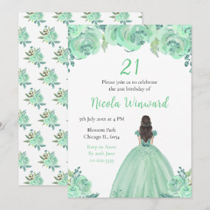 Brawn Hair Princess Minze Floral Geburtstagsparty Einladung