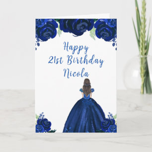 Brawn Hair Princess Navy Floral Geburtstagsparty Karte