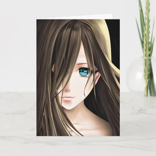 Brawn Hairs Blue Mit Augen Anime Girl Karte (Vorderseite)