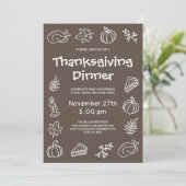 Brawn Hand Drawn Whimsical Erntedank Dinner Einladung (Stehend Vorderseite)