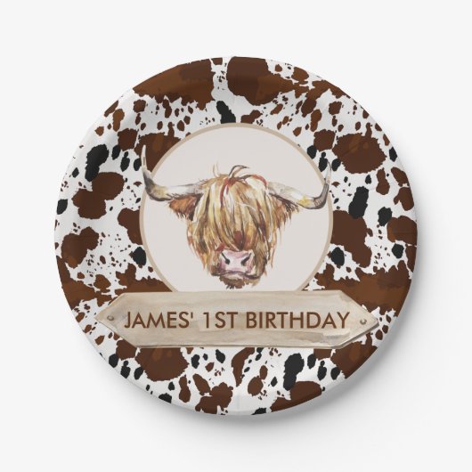 Brawn Highland Cow Print Birthday Party Pappteller (Vorderseite)