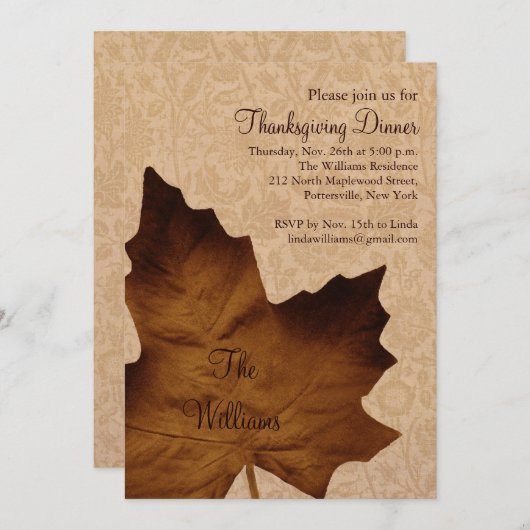 Brawn Maple Leaf Erntedank Dinner Einladung (Vorne/Hinten)