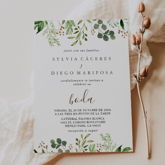 Brawn Minimalistisch Green Blätter Boda Wedding Einladung