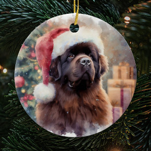 Brawn Newfundland Dog Weihnachtsmannmütze Weihnach Keramik Ornament
