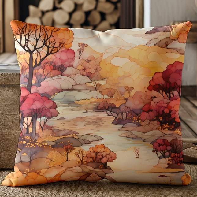 Brawn Orange Red Fall River Trees Landschaft Kissen (Orange, red, and brown trees and river landscape pillow)