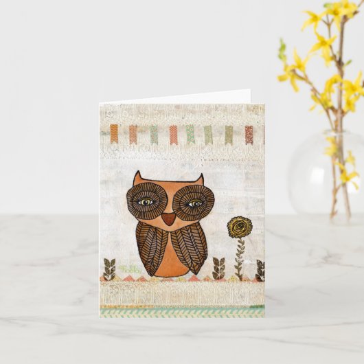 Brawn Owl Mixed Media Rustikale Kunst Karte (Gelbe Blume)