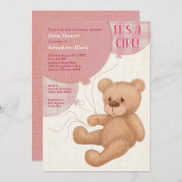 Brawn Pink Girls Teddy Bear Baby Shower Einladung