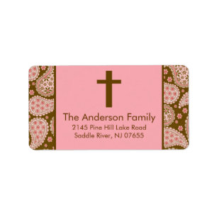 Brawn & Pink Paisley Cross Religious address Label Adressaufkleber