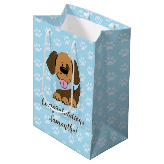 Brawn Puppy Dog Blue Paw Printbeutel Mittlere Geschenktüte (Vorderseite Schrägansicht)