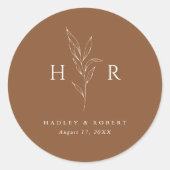 Brawn Simple Minimal Monogram Botanical Wedding Runder Aufkleber (Vorderseite)