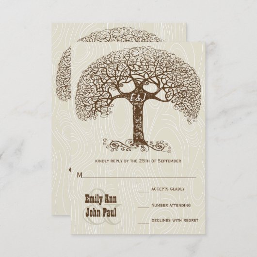 Brawn Swirl Tree Ivory Woodgrain Wedding RSVP Einladung (Vorne/Hinten)