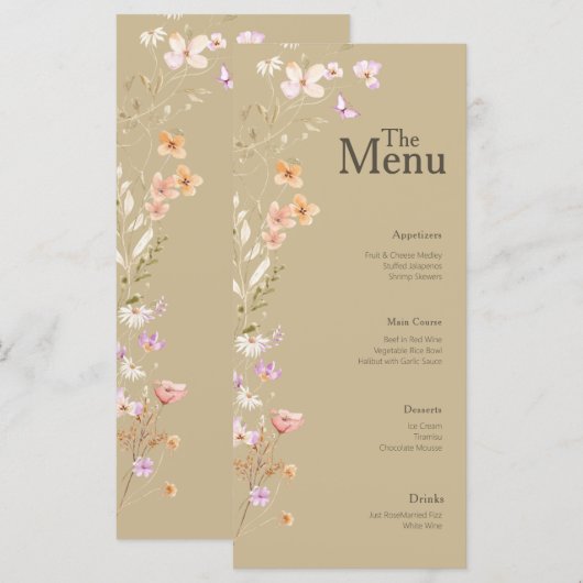 Brawn Tan Blume Wedding Event Menu Table Decke Menükarte (Vorne/Hinten)