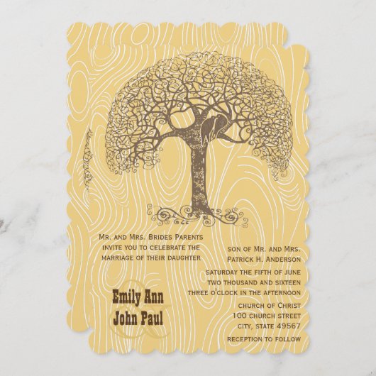 Brawn Tree Love Bird Gelbe Holzkornverheiratung Einladung (Vorne/Hinten)