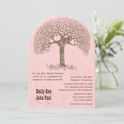 Brawn Tree Love Bird Pink Woodgrain Hochzeit Einladung (Stehend Vorderseite)