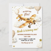 Brawn Vintag Airplane Time Fliegt First Birthday Einladung (Vorderseite)