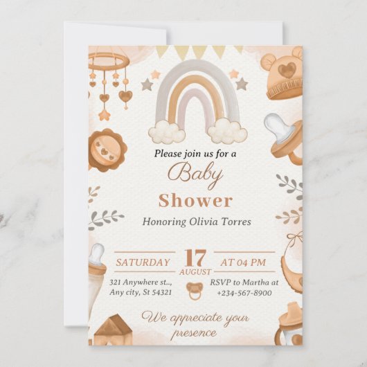 Brawn Watercolor Illustration Baby Shower Einladung (Vorderseite)