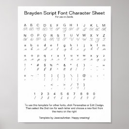 Brayden Script Schriftart Character Sheet for Zazz Poster