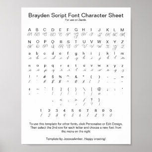 Brayden Script Schriftart Character Sheet for Zazz Poster