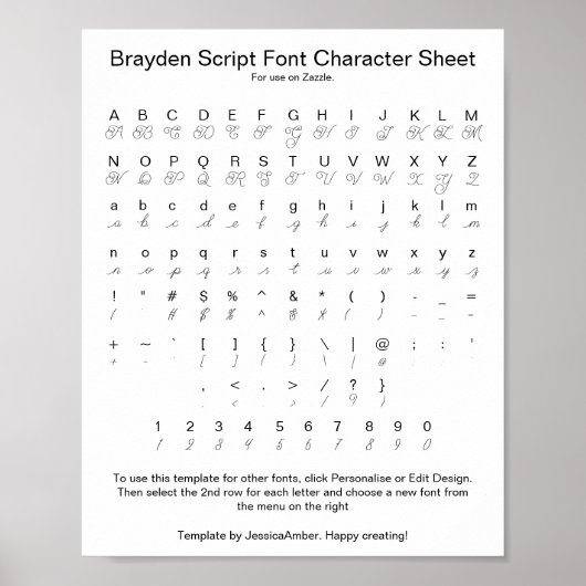 Brayden Script Schriftart Character Sheet for Zazz Poster (Vorne)