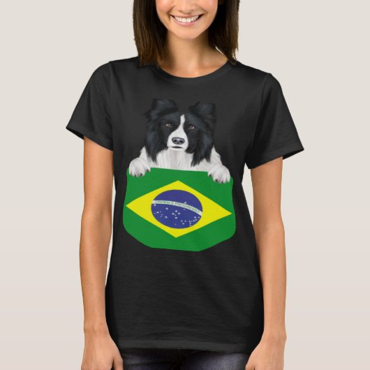 Brazil Flag Border Collie Dog In Pocket T-Shirt (Vorderseite)