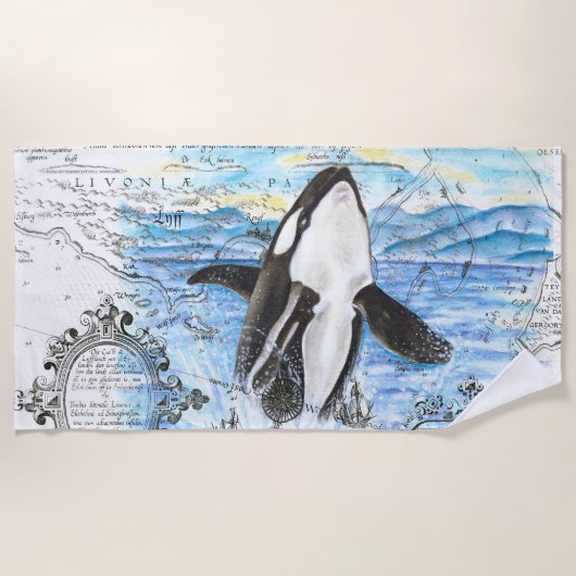Breaching Orca Whale Alte Karte Strandtuch (Vorderseite)