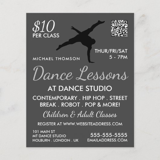 Break Dancer Silhouette, Tanzlei Werbung Flyer (Vorne)