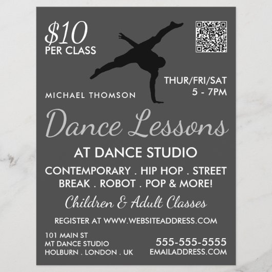 Break Dancer Silhouette, Tanzlei Werbung Flyer (Vorne)