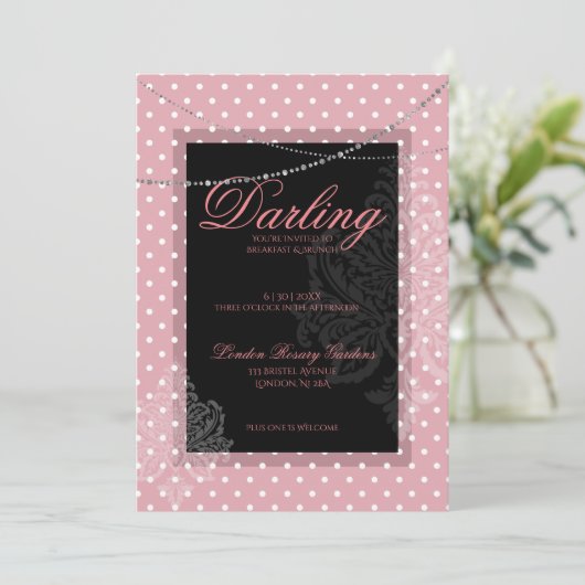 Breakfast brunch pink with white polk dots einladung (Stehend Vorderseite)