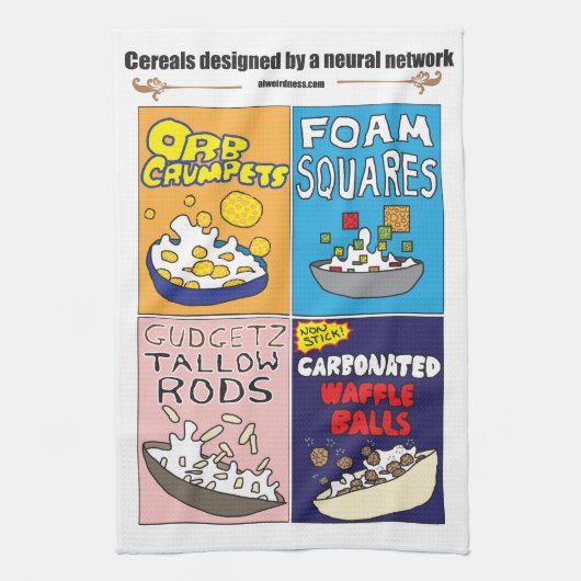 Breakfast cereals by AI Weirdness - Kitchen Towels Geschirrtuch (Vertikal)