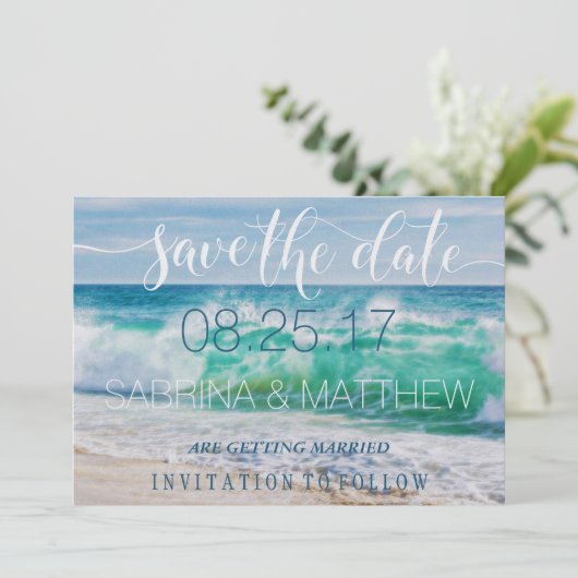 Breaking Waves Destination Beach Save the Date Einladung (Stehend Vorderseite)