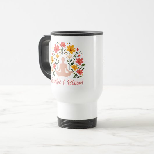 Breathe & Bloom Meditation Reise Kaffee Mug Reisebecher (Vorderseite Links)