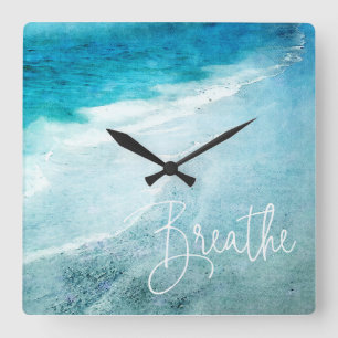 Breathe Yoga Quote Retro Beach Teal Blue Ocean Quadratische Wanduhr