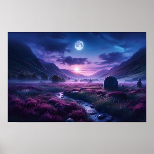 Breathtaking Indigo Twilight Highland Moonlit  Poster (Vorne)