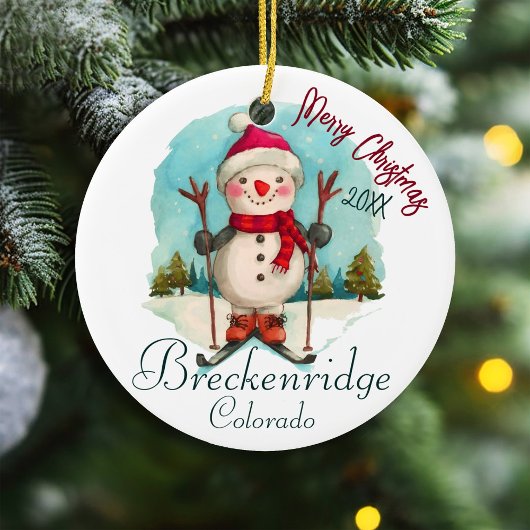 Breckenridge Colorado Wassercolor Snowman Snowboar Keramik Ornament