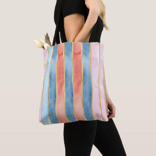 Breite vertikale Aquarellstreifen Blau Pink Korall Tasche