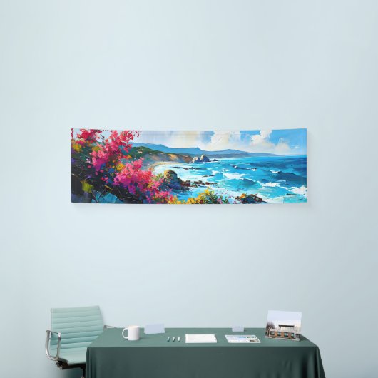 Breiter Strand mit mediterranem Meer und Felsen Banner (Messeveranstaltung)