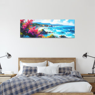 Breiter Strand mit mediterranem Meer und Felsen Leinwanddruck