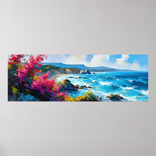 Breiter Strand mit mediterranem Meer und Felsen Poster (Vorne)