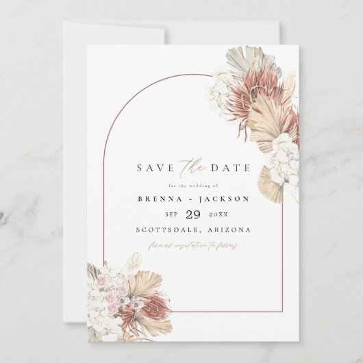 BRENNA Boho Arch Terracotta Palm Save the Date Einladung (Vorderseite)