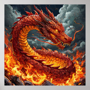Brennende Drachen-Wandkunst   Fantasy-Feuerkreatur Poster