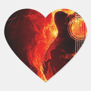 Brennende Gitarre, orange Flammen Musik Rockband Herz-Aufkleber
