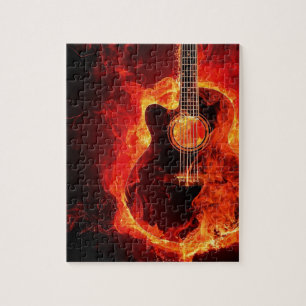 Brennende Gitarre, orange Flammen Musik Rockband Puzzle